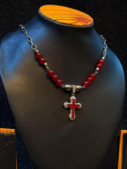 Red Studded Cross Necklace